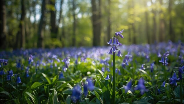 Bluebell blooms in a forest environment, highlighting biodiversity and habitat preservation, World Nature Conservation Day - Powered by Adobe