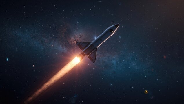 Rocket in deep space with planets and stars, highlighting interstellar travel and technological advancement