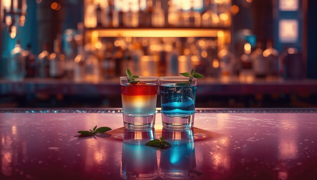Triple-layered shot glasses on a bar surface, highlighting drink layering and barware use