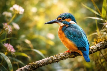 Dazzling kingfisher bird resting on a slender branch in a wild habitat