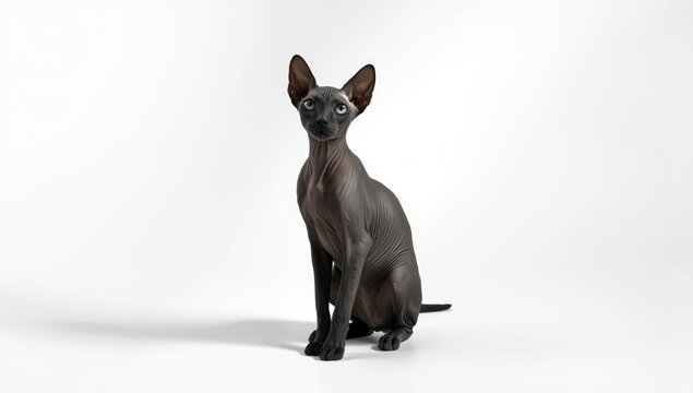 Sphinx cat with smooth skin and minimal fur, isolated on a white backdrop, used for pet health and wellness themes