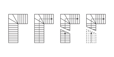 Set of stairs icons with arrow symbols for floor plan. Staircase signs for interior design project. Elements for architecture draft isolated on white background. Vector graphic illustration