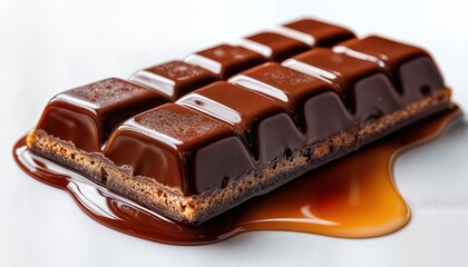 Delicious chocolate bar melting on a smooth surface, showcasing rich texture and glossy sheen under natural light