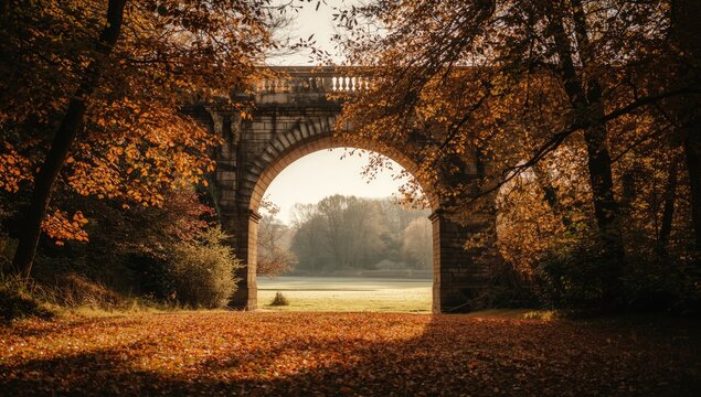 Autumn sunlight illuminates trees and forest surrounding the Fauvettes viaduct, emphasizing seasonal change and natural preservation