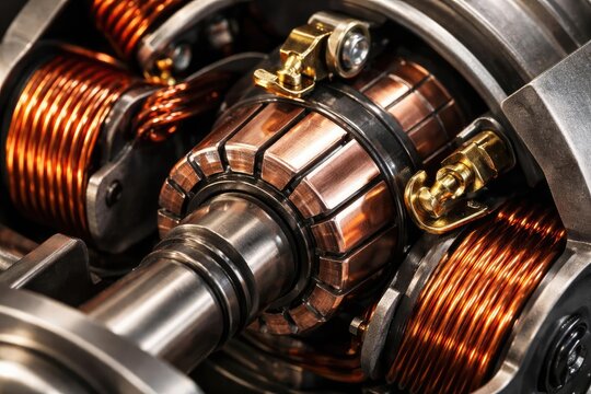 Macro shot of an electric motor with visible commutator and coil wiring