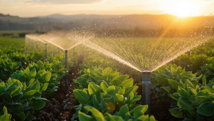 Sprinkler system disperses water over farmland crops, supporting crop growth through targeted irrigation