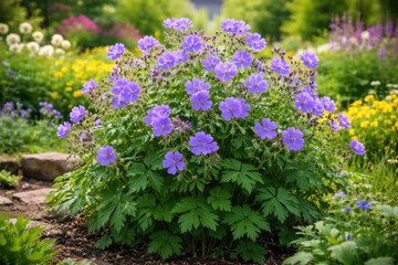 Obraz premium Flowering geranium sylvaticum growing robustly in a vibrant spring garden area