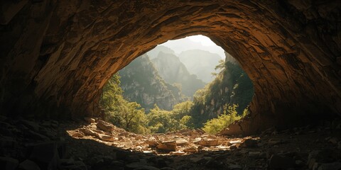 Cave entrance illuminated by sunlight, useful for navigation or mapping activities