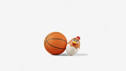 Basketball alongside a chicken egg mascot on a plain white surface, suitable for sports or game day graphics
