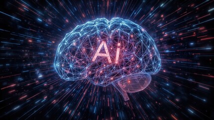 A luminous brain model showcasing artificial intelligence is surrounded by dynamic, colorful particles in a dark environment, merging technology with creativity.