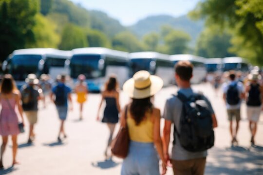 Blurred silhouettes of tourists during summer with far off parked buses