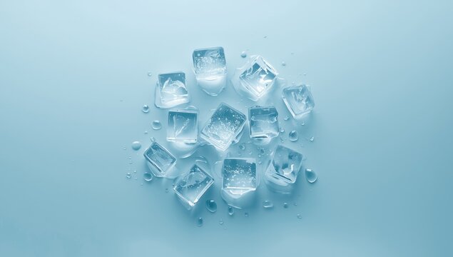 Frozen clear ice cubes placed on a pastel blue surface serving as a beverage accessory, summer refreshment
