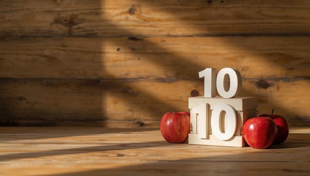 Wooden background featuring a calendar cube and red apples indicating seasonal scheduling, summer period, August 10 - Powered by Adobe
