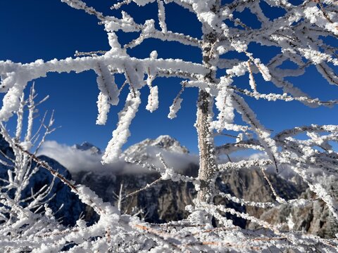 Julian Alps in Slovenia winter landscape, path to Debela pec peak