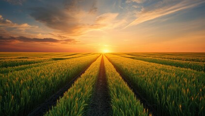 Green wheat field seen from above with tractor tire marks during sunset, highlighting farming activity and landscape scale