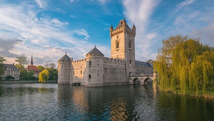 Obraz premium Ancient fortress with battlements and turrets, highlighting architectural durability, Ghent cultural site