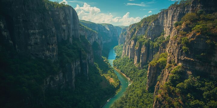 Chiapas Sumidero Canyon featuring steep cliffs and a waterway, highlighting erosion preservation