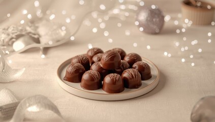 Chocolate confections with glossy surfaces presented on a round plate, ideal for product photography or advertising