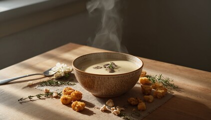 Homemade mushroom soup with a creamy texture and croutons, ideal for a hearty lunch