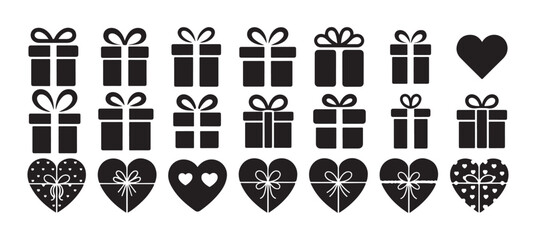 Gift Box and Heart Solid Icons Set, Black Present Symbols Collection. vector illustration eps 10