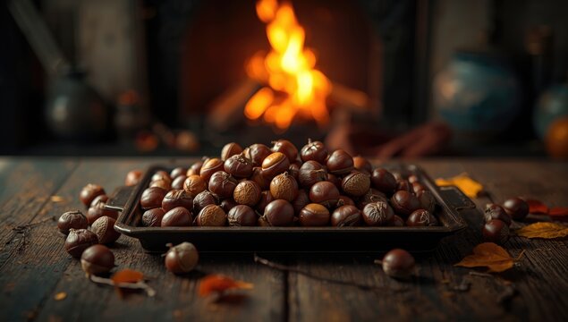A collection of chestnuts arranged on a tray, emphasizing food preservation techniques in a regional market, culinary heritage