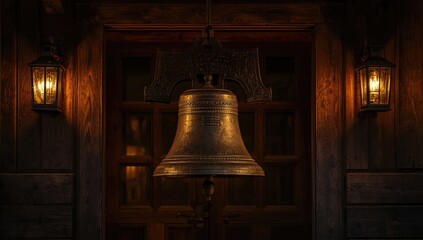 Vintage iron bell affixed to a wooden wall of a traditional house, highlighting craftsmanship, architectural detail, and cultural heritage