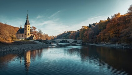 River scene with church and bridge, architectural elements in natural light, Earth Day