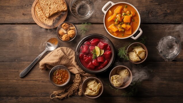 Traditional foods such as dumplings, pumpkin soup, and solyanka arranged on a dining table, suitable for culinary presentation