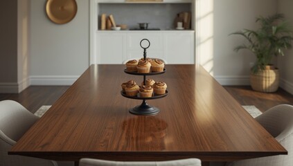 Baked muffins and cinnamon rolls arranged on kitchen table, breakfast preparation