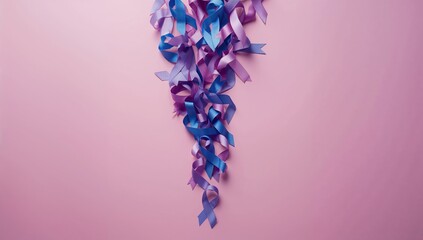 Bright ribbons in various colors against pink, cancer awareness symbols, National Cancer Survivor Day, emphasizing support and hope