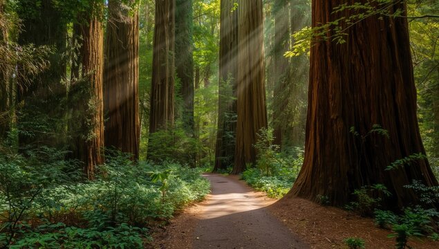 Redwood trail in Muir Woods highlighting conservation efforts of old-growth forests