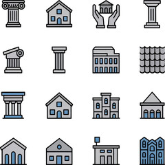 Obraz premium Architectural and civic building icons illustrate homes columns institutions and landmarks representing urban infrastructure and design