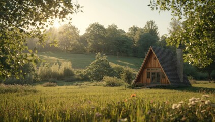 A cozy AFrame cabin surrounded by vibrant foliage, ideal for leisure escapes