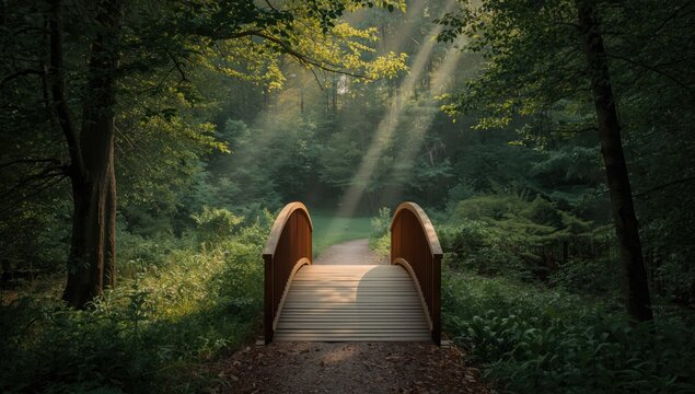 Scenic forest with wooden bridge designed for leisurely walks and outdoor recreation, highlighting accessible trail features