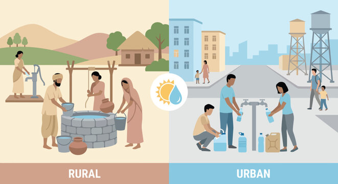 Rural versus urban water collection lifestyle comparison showing village people at well and city residents at public tap representing development infrastructure and daily community chore.