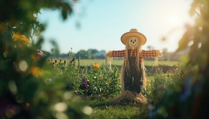 Outdoor garden ornament with a creatively styled scarecrow, garden decor safety and maintenance