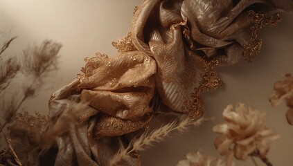 Antique patterned rustic fabric repurposed as wallpaper, functioning as a decorative backdrop for promotional content