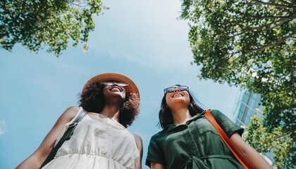 Two happy diverse young women friends smiling while standing together outdoors on a sunny summer day, viewed from a low angle against a blue sky and green trees