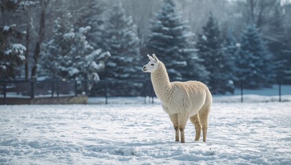 Fototapeta premium Llama housed in an open-air zoo aviary in winter, emphasizing outdoor habitat and seasonal adaptation