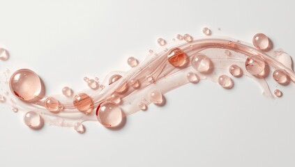 Serum drops on white surface, ideal for beauty product display, focusing on cleanliness and purity