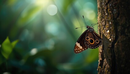 Large-eyed Caligo eurilochus butterfly perched on tree bark, natural habitat concealment, biodiversity awareness