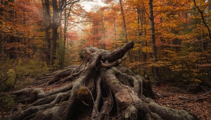 Autumn Scandinavian forest with a fallen tree's tangled roots highlighting forest regeneration