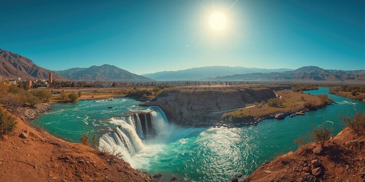 Mountain river in bright sunlight, serving as a backdrop for landscape photography