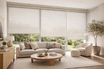 Contemporary space using roller blinds and oversized automatic solar shades with linen fabric textured background