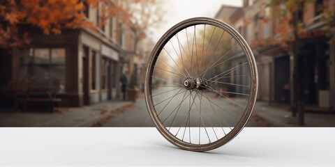 Old bicycle wheel against vintage wood background, retro design for urban decor