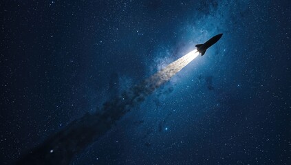 Spacecraft ignition with exhaust plumes visible, focusing on propulsion system during liftoff