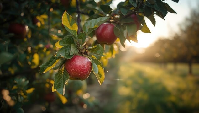 Red apple tree laden with ripe fruit bathed in sunlight, highlighting seasonal abundance, World Food Day - Powered by Adobe