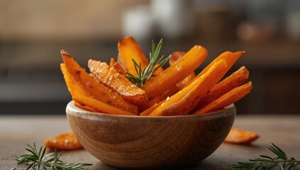 Oven-baked sweet potato fries with rosemary, prepared for snacking, emphasizing healthy carbohydrate options, International Nutrition Day