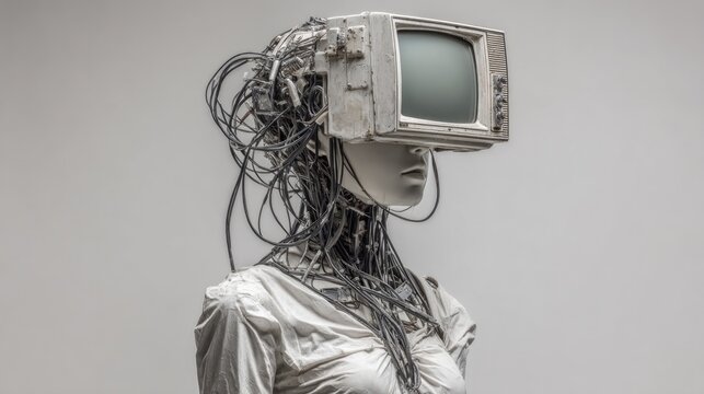 Futuristic mannequin displays creative blend of technology and art with vintage TV head and intricate wiring at an urban art gallery