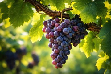 Close up of ripe grapevine with fresh green leaves